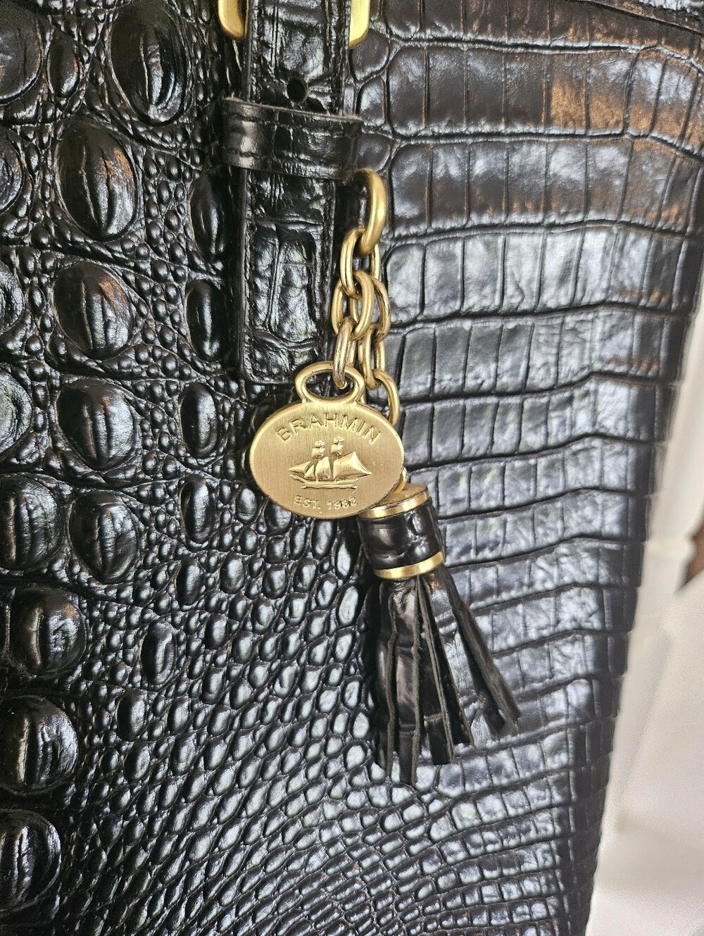 Brahmin Asher Tote Black Croc-Embossed Tote Bag with Gold Hardware - Picture 2 of 12